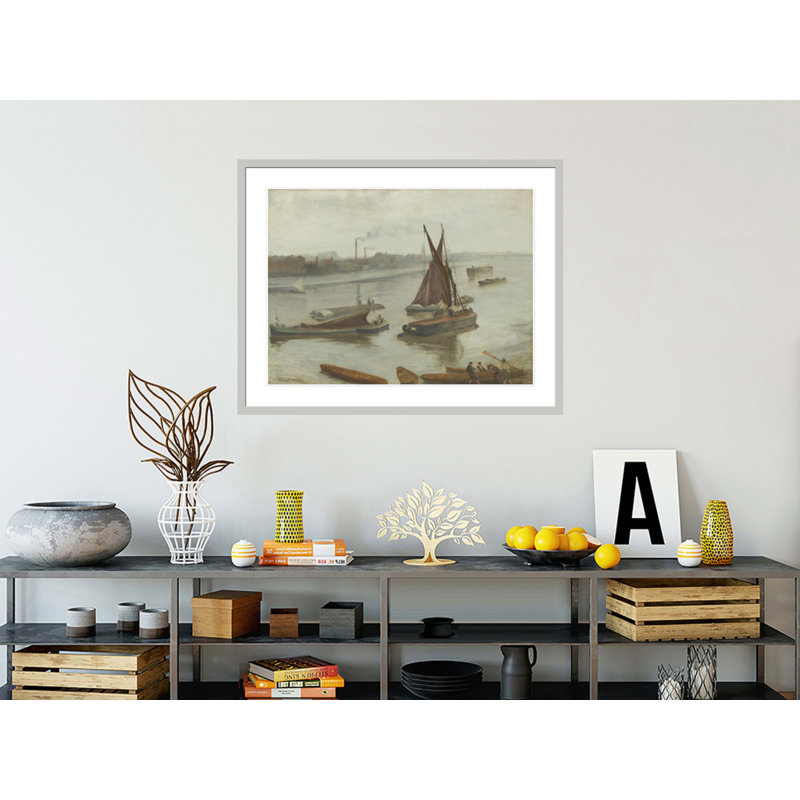 Gris et argent: «Old Battersea Reach» par James McNeill Whistler, impression giclée encadrée, H 32,54 po x l 41,5 po