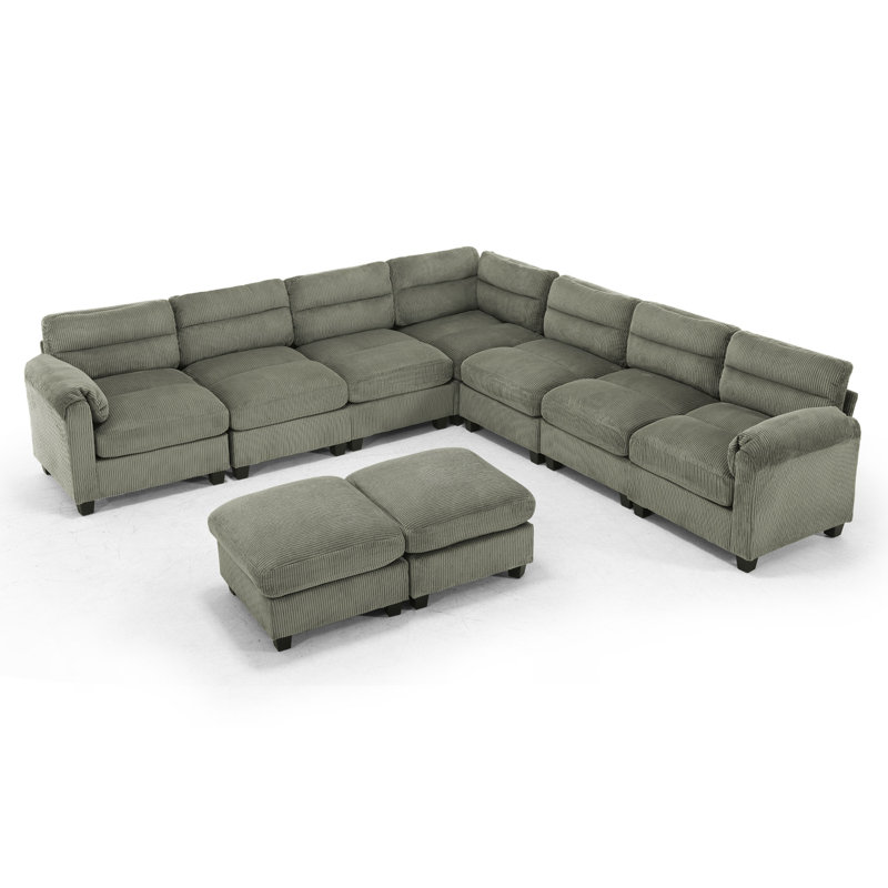 Dona 9-Piece Corduroy Upholstered Modular Sectional, 2 Ottomans, Pillowtop Arm, Green Corduroy
