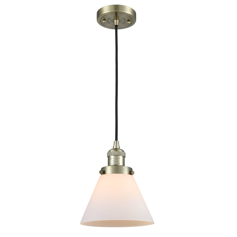 Luminaire suspendu 1 lumière à cône simple Wetzel, Laiton antique, Blanc mat, Ampoule non incluse