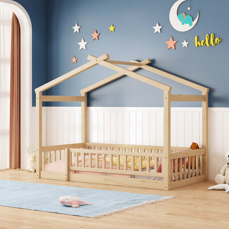 Wood House Bed Frame With Fence, Sturdy Pine Construction, Playful Design, Natural, Twin
