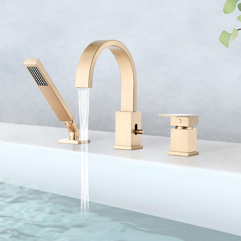 Brushed Gold Waterfall Bathtub Faucet. 3 Roman Tub Filler, 59" Shower Hose, Stainless Steel, Ceramic Cartridge For Smooth Flow Deck Mount Filler With And Hose. 1.5 Gpm Flow, Gold,