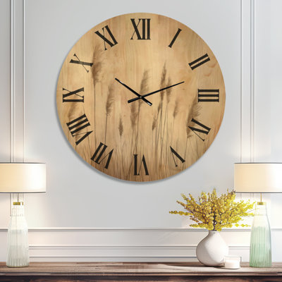 Grande horloge murale ronde en bois Boho - Champ de pampas neutre