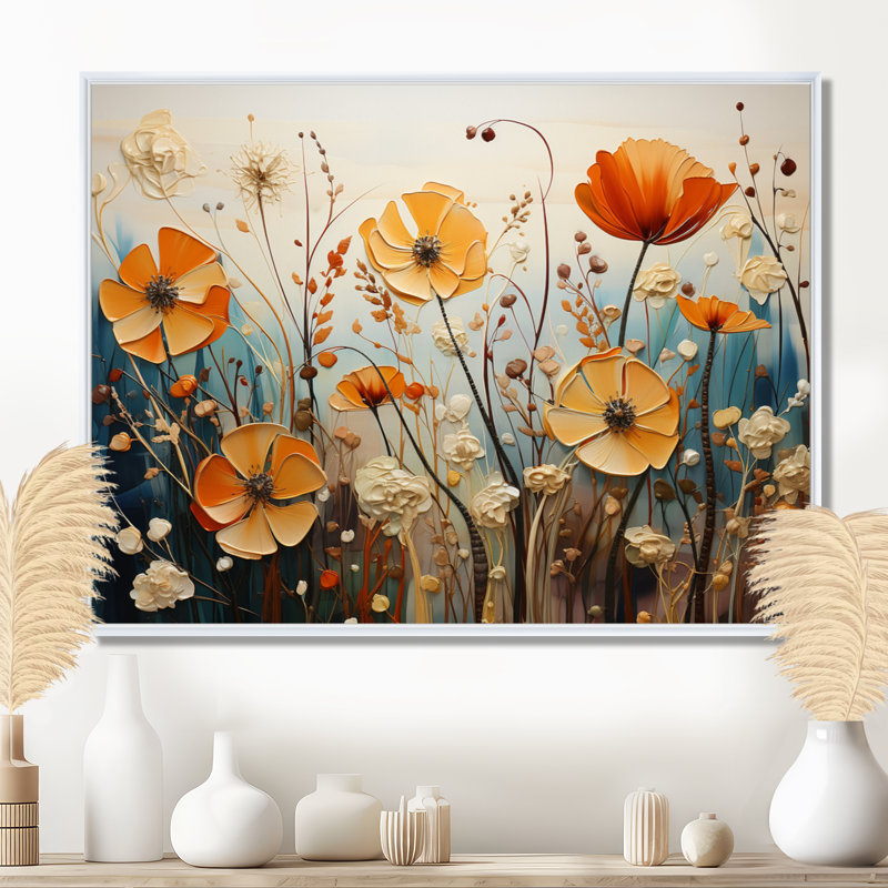 Fleurs oranges saisonnières collage saisonnier II - Fleurs saisonnières murales, H 16 po x l 32 po, Blanc