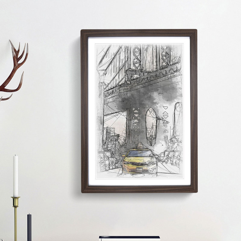 Yellow Taxi Cab in New York City - Picture Frame Painting Print, Walnut Framed, 63cm H x 45cm W x 2cm D