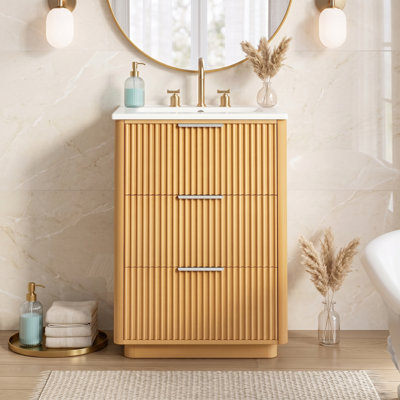 24" Modern Bathroom Vanity with Ceramic Sink, Solid Wood Frame, 3 Drawers & Soft-Close Hardware, Natural Wood Finish