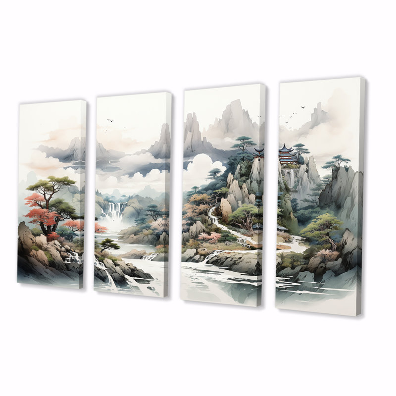 «River China Landscape II - China», ensemble d'art mural 4 pièces, H 32 po x l 64 po