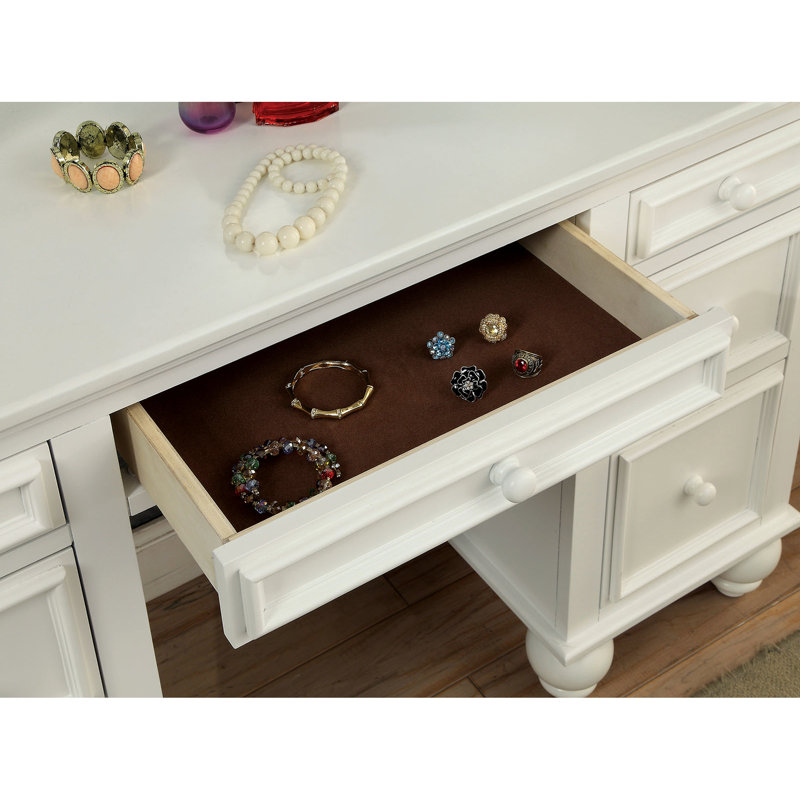 Meuble-lavabo et tabouret blanc transitionnel, miroir à 3 côtés, bois massif, tiroirs de rangement, poignées pour meubles de chambre à coucher 1 pièce avec design, blanc, tiroirs