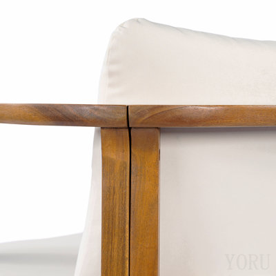 Outdoor Dining Chair Set Of 2 With Curved Acacia Wood Arms, Teak Finish And Cream Cushions