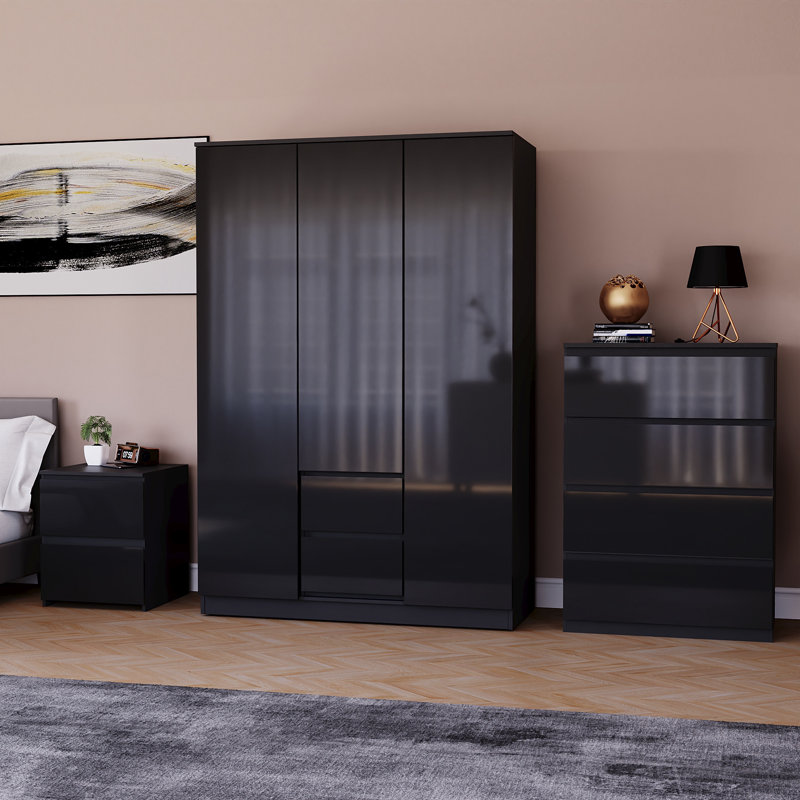 Oslo 3 Piece Bedroom Set (2 Drawer Bedside Chest, 4 Drawer Chest, 3 Door 2 Drawer Wardrobe), (100% FSC), Black