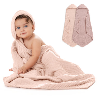Comfy Cubs Hooded Baby Towel 2-Pack, Large 32 x 32 Inch - 6 Layer 100% Muslin Cotton - Soft & Absorbent Baby Bath Towels
