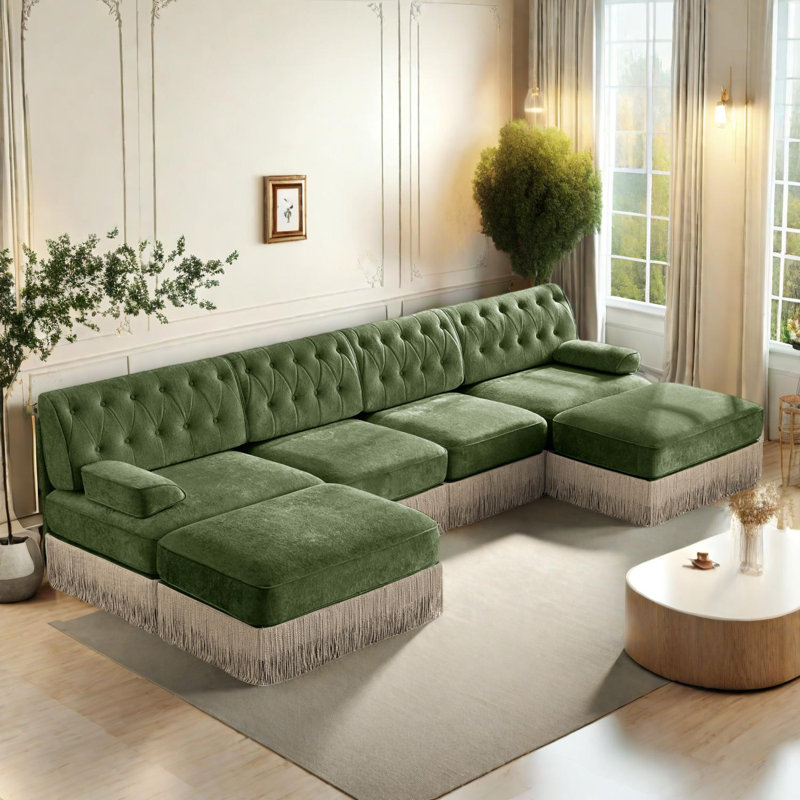 Canapé modulaire 4 places avec repose-pieds, jupe à pampilles, capitonné, Vert
