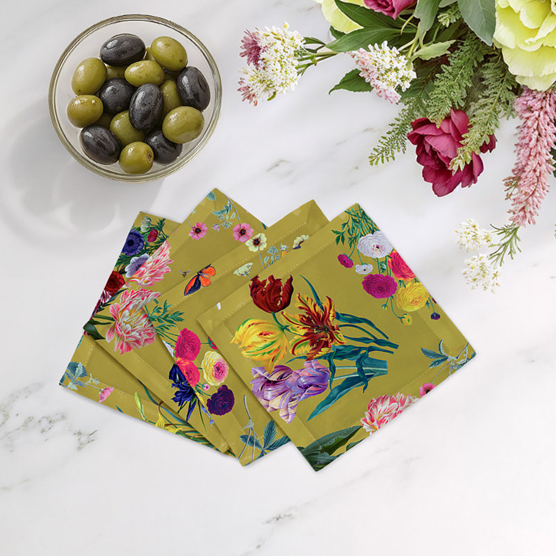 Flora Fauna Cotton Sateen Cocktail Napkins, Acid