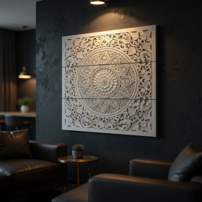 Ensemble de panneaux muraux en bois 3 pièces Teather, sculpture florale mandala, finition blanche antique, décor carré de 48 pouces