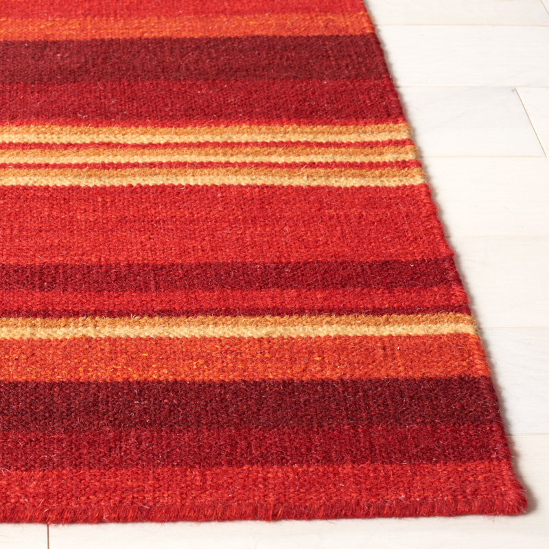 Kalaiya Hand Loomed Wool/Cotton Striped Rug in Red, Rectangle 6' x 9'