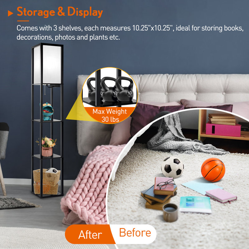 Jarold 63.7" Column Dimmable Floor Lamp with Shelves & Remote Control & USB Charging Station, Black