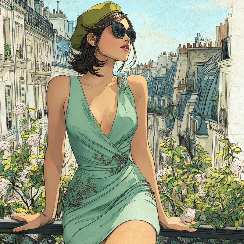 «Parisian Woman in Green Dress and Beret», art mural sur toile tendue