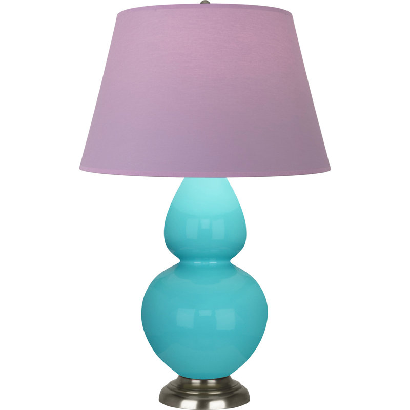 Lampe de table double gourde en céramique, Bleu œuf émaillé / argent antique, Bleu marine/gris, Argent argent