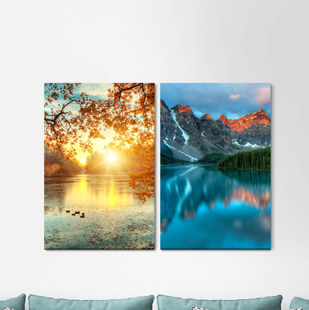 2-tlg. Leinwandbilder-Set - Grafikdruck „Pond Ducks Autumn Sunbeams Mountain Lake Relaxing”