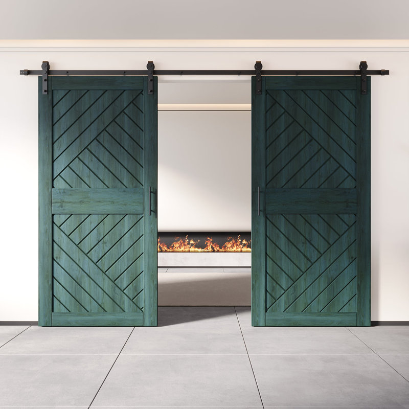 Portes de grange à motif géométrique non assemblé et fini 26 po x 84 po Homquer Royal Pine double, avec rail d'installation de 9 pi, usage intérieur seulement
