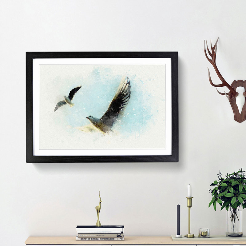 Pair of Flying Seagulls in Abstract - Picture Frame Graphic Art Print, 62cm H x 87cm W x 2cm D, Black Framed