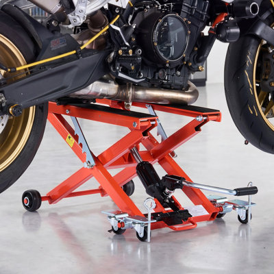 Hydraulic Motorcycle Lift Jack, 1100 lbs Capacity, Scissor Lift Jack Portable Motorcycle Hoist Stand with 6 Wheels, 4.72"-15.15" Height Range, Hydraulic Foot-Operated Hoist Stand for Dirt Bikes