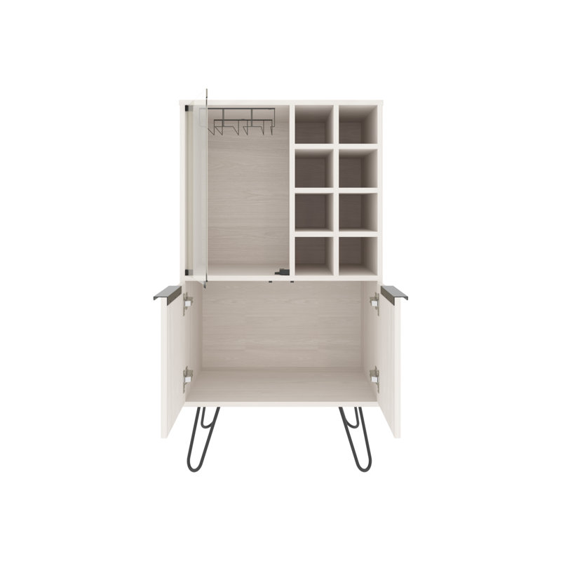 Bar Cabinet 43.1" H, with 2 Doors, 9 Shelves, and 1 Glass Panel, White Washed Oak