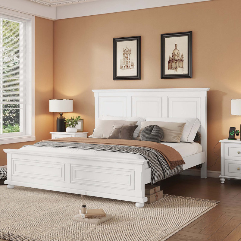 Walnut Wakeley Size Bed With Tall Headboard & Footboard, USB Charging Function, Solid Pine Wood Bed With Strengthened Frame
