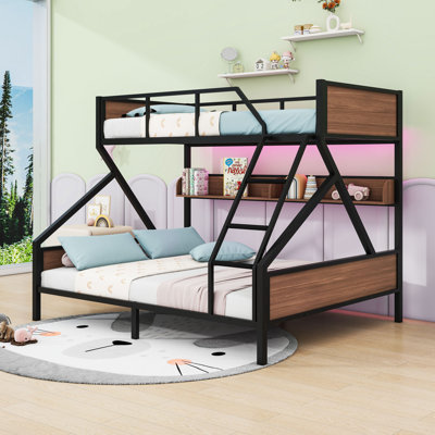 Metal Bunk Bed With Built-In Storage Shelves And LED Light Strip