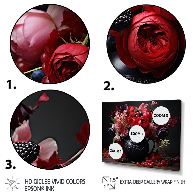 Décoration florale rouge en pot de style gothique - Boho Pottery, H 30 po x l 40 po x P 1,5 po, Cadre doré à coins fermés