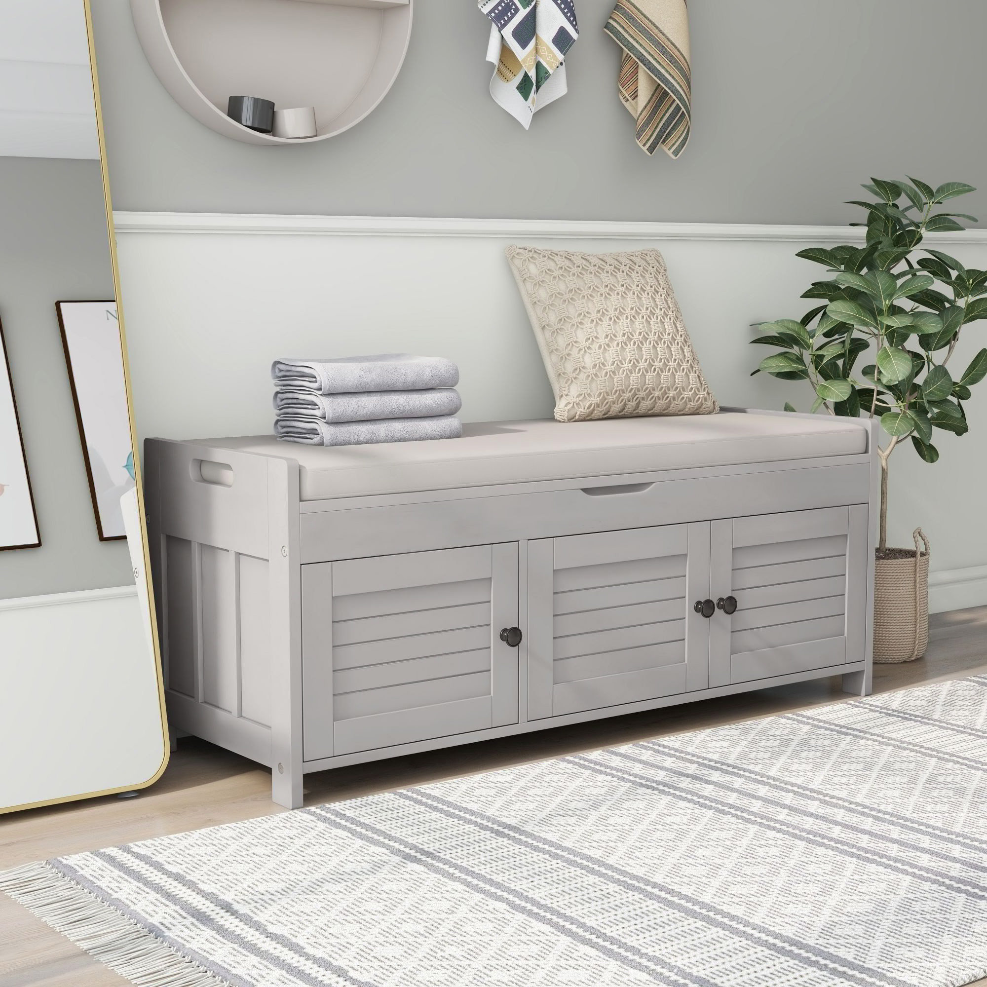 Longshore Tides Storage Bench With 3 Shutter-Shaped Doors | Wayfair