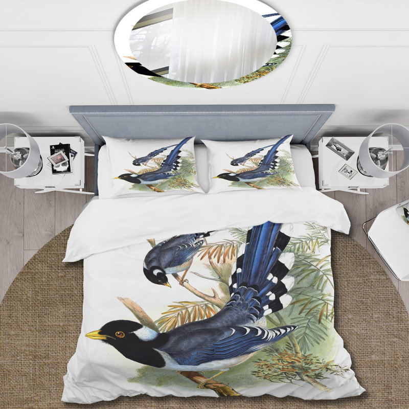 Oiseau bleu rétro debout sur un arbre avec un bébé oiseau - ensemble de housse de couette Farmhouse - microfibre de polyester