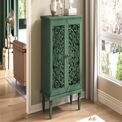 Vintage Hollow-Carved Accent Storage Organizer Cabinet 2-Door Display Storage Sideboard With Symmetrical Floral Design Adjustable Shelf And Solid Wood Legs For Living Room Entryway