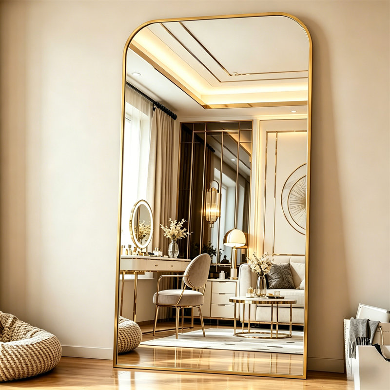 Full Body Mirror, Curved Floor Standing Large Mirror With Bracket - Equipped With Aluminum Frame Suitable For Bedrooms And Living Rooms,