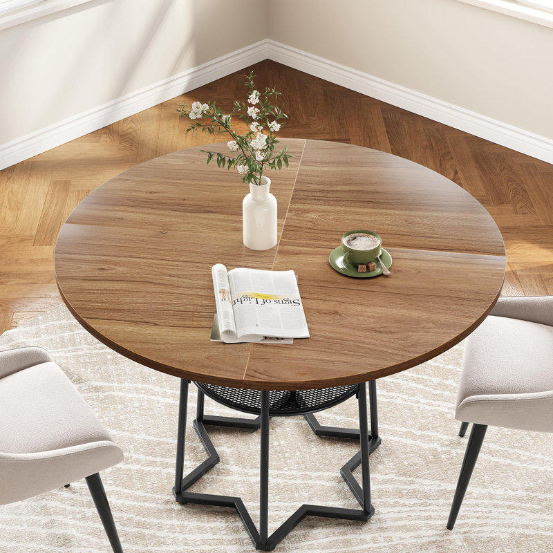 Round Dining Table For 4, 38.6 Inch Wood Dining Room Table With Storage Shelf, Brown