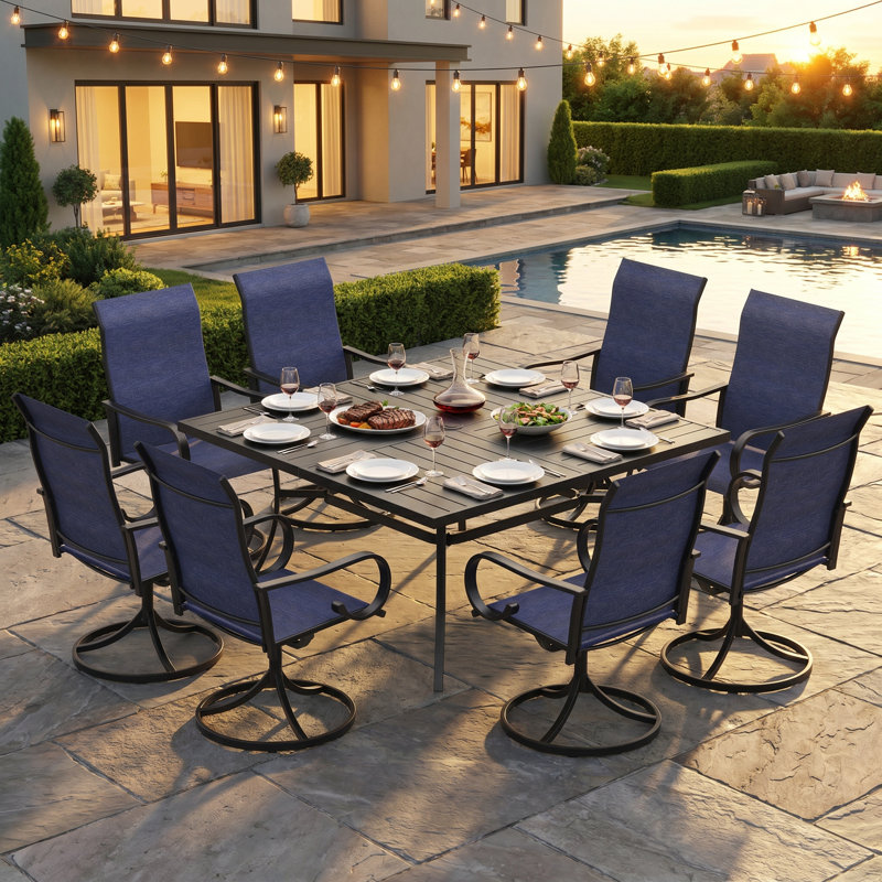 9-Piece Square Patio Dining Set With Swivel Armchairs, Black, Blue/Black