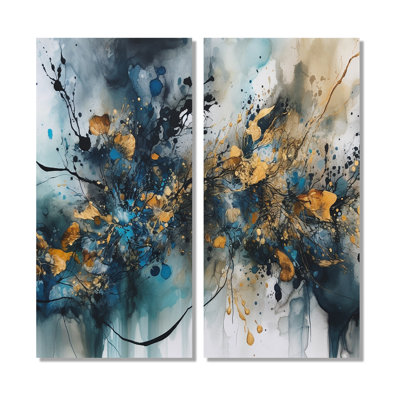 Encre liquide bleue et dorée captivante - 2 reproductions d'art moderne sur toile