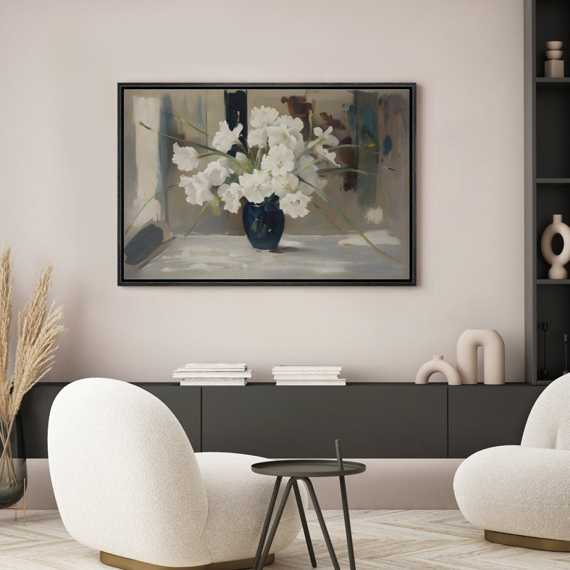 Fleurs blanches dans le vase, impression sur toile encadrée, H 16 po x l 24 po, Noir
