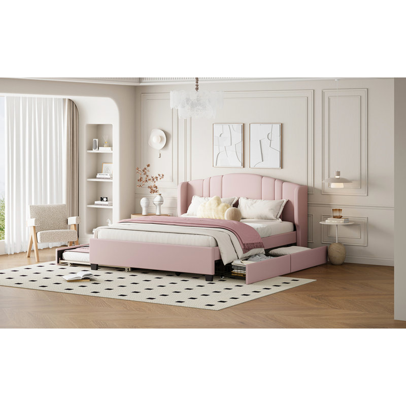 Lit plateforme tapissier rose avec tête de lit à oreilles confortable - sans sommier, 2 tiroirs et lit gigogne simple pour une chambre confortable