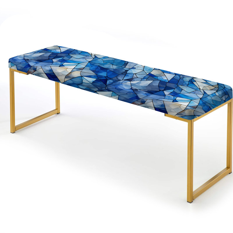 Deep Cobalt Blue Symmetry Glass - Geometric Upholstered Gold Bench