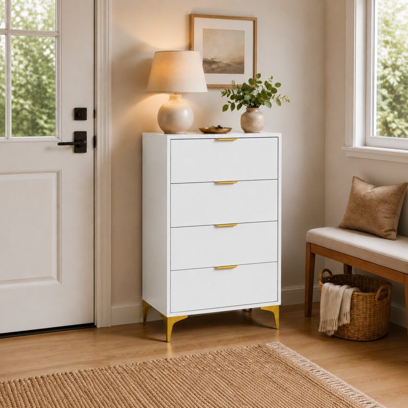 Commode 4 tiroirs pour la chambre à coucher, unité de rangement pour armoire de rangement, commode - blanc, Blanc