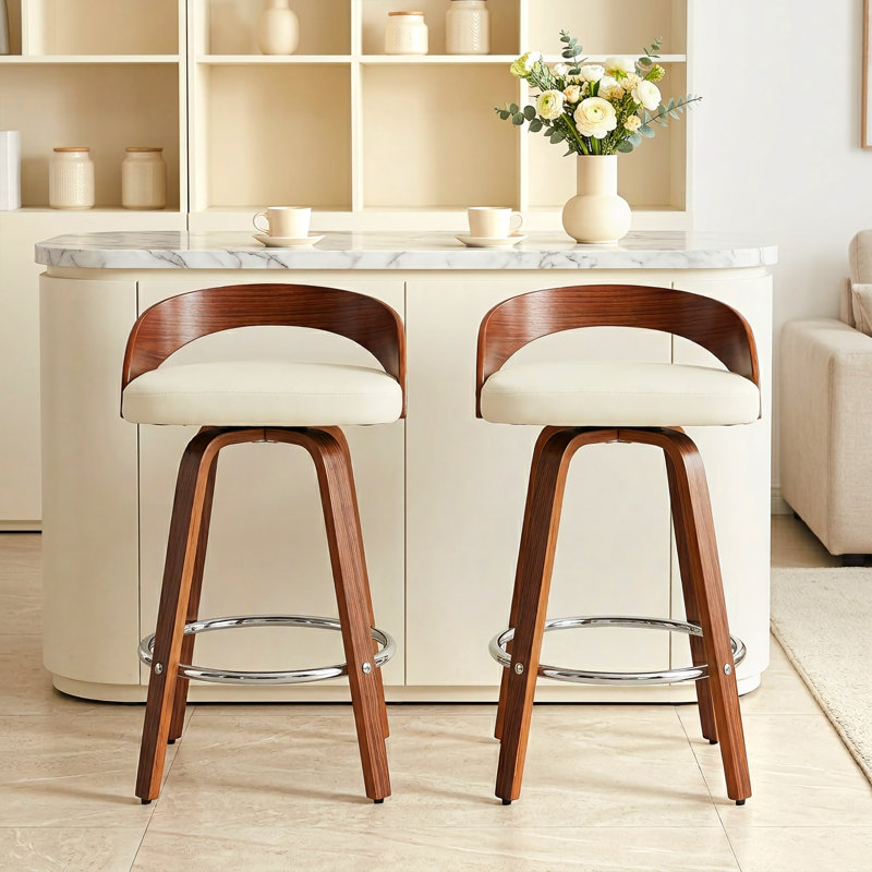 Swivel Bar Stools Set Of 2, 24.6" Counter Height Bar Stools, Mid-Century Modern Upholstered Beige Barstools With Bentwood Curved Back And Legs, Comfortable Footrest, For Kitchen Island Counter