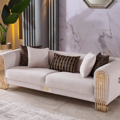 Modern Glam Velvet Sofa With Sculpted Gold Legs – 94" Wide Cream Luxury Couch With Designer-Inspired Detailing & Accent Pillows