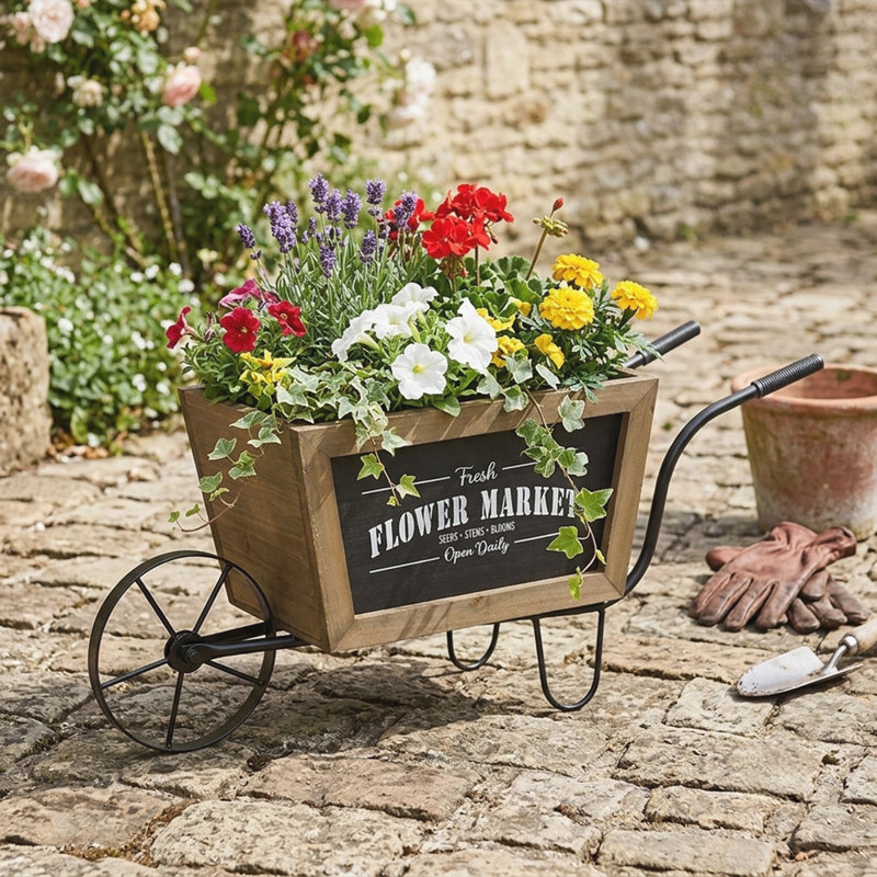 Jardinière en bois avec brouette et cadre en fer, ensemble de 1