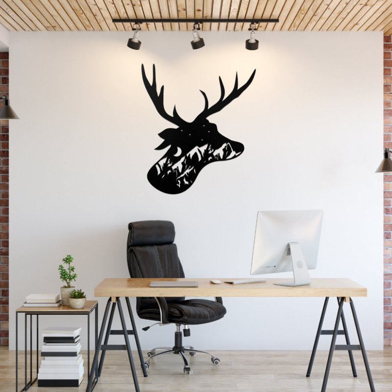 Deer Head Design Metal Wall Art - Stag Head Silhouette Decor - Rustic Cabin Lodge Wall Hanging - Hunting Wildlife Theme Art - Modern Industrial Metal Sculpture - Outdoor Indoor Home Decor - Statement Art Piece