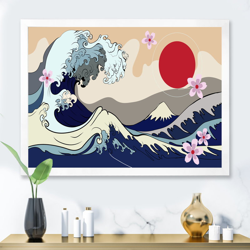 Traditionnel japonais, lune rouge et vagues - reproduction d'art sur toile traditionnelle, H 16 po x l 32 po