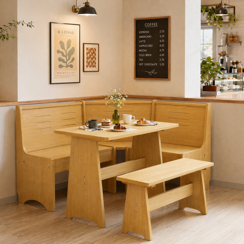 Berna 3-Piece Solid Pine Wood Corner Dining Set with L-Shaped Bench, Space-Saving Breakfast Nook Table Set for Kitchen, Dining Room, Café, Seats Up to 5