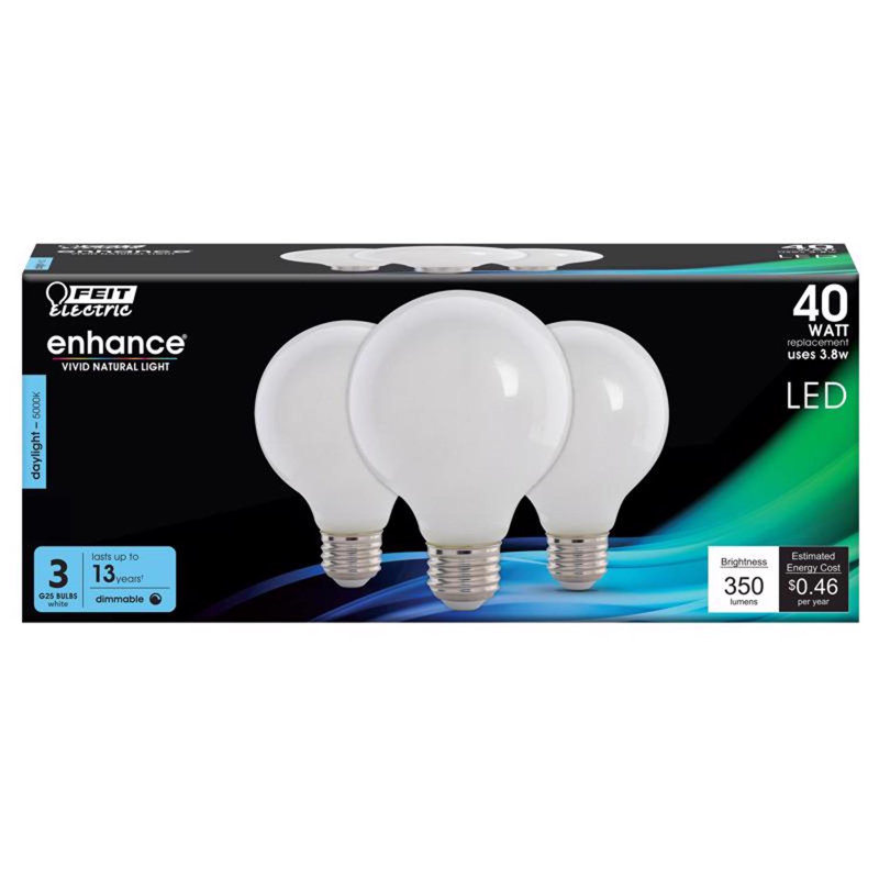 Ampoule DEL à filament Feit améliorée G25 E26 (moyenne), équivalente à 40 watts, paquet de 3, 5000 kelvins, 3,8 W