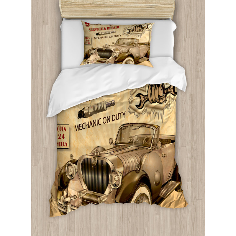 Twin Vintage Car Print Polyester Duvet Cover Set