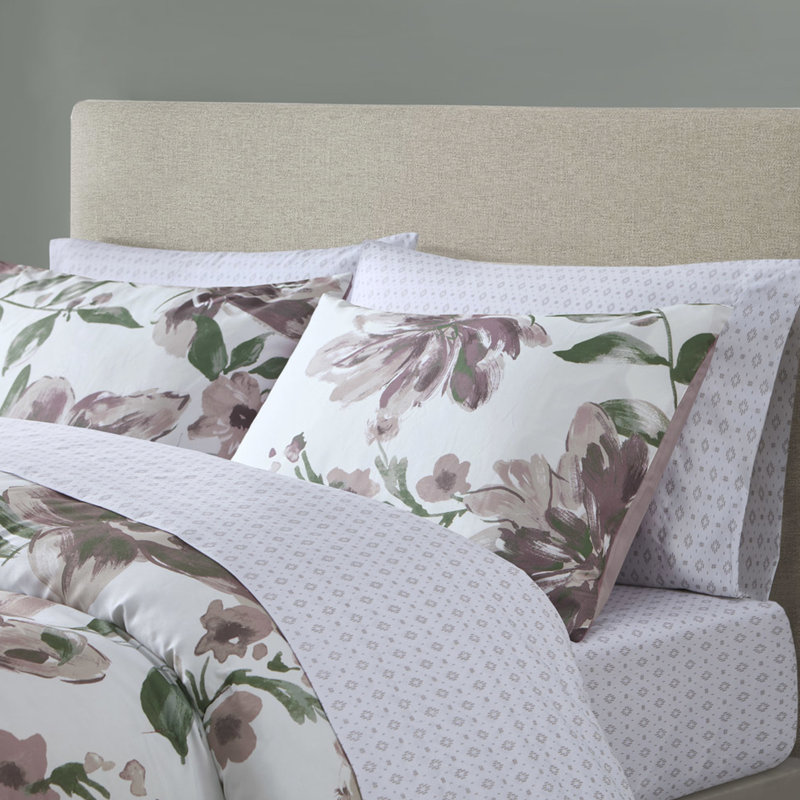 Draps avec édredon taupe et mauve, Édredon double et 5 pièces supplémentaires