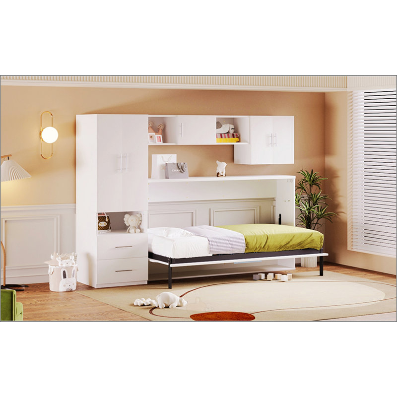 Lit escamotable simple avec tablettes ouvertes et tiroirs de rangement
